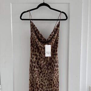 ZARA brown leopard slip dress w cowl neck